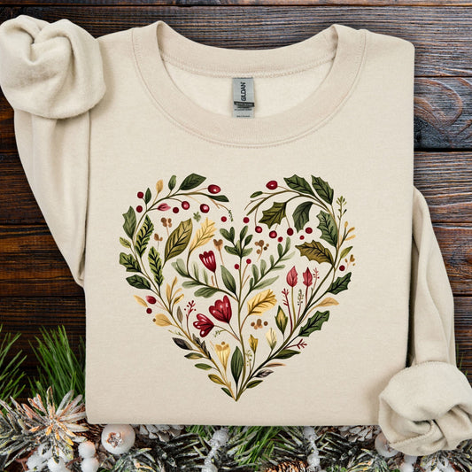 Sand S sweatshirt with a folk art holly berry and rose watercolor heart design.