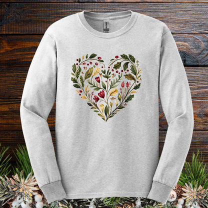 Folk Art Holly Berry and Rose Winter Heart Long Sleeve Tee
