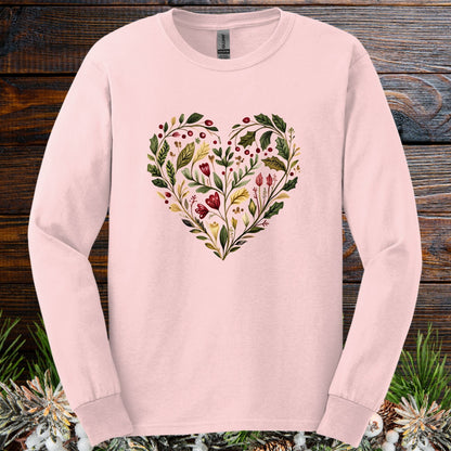 Folk Art Holly Berry and Rose Winter Heart Long Sleeve Tee