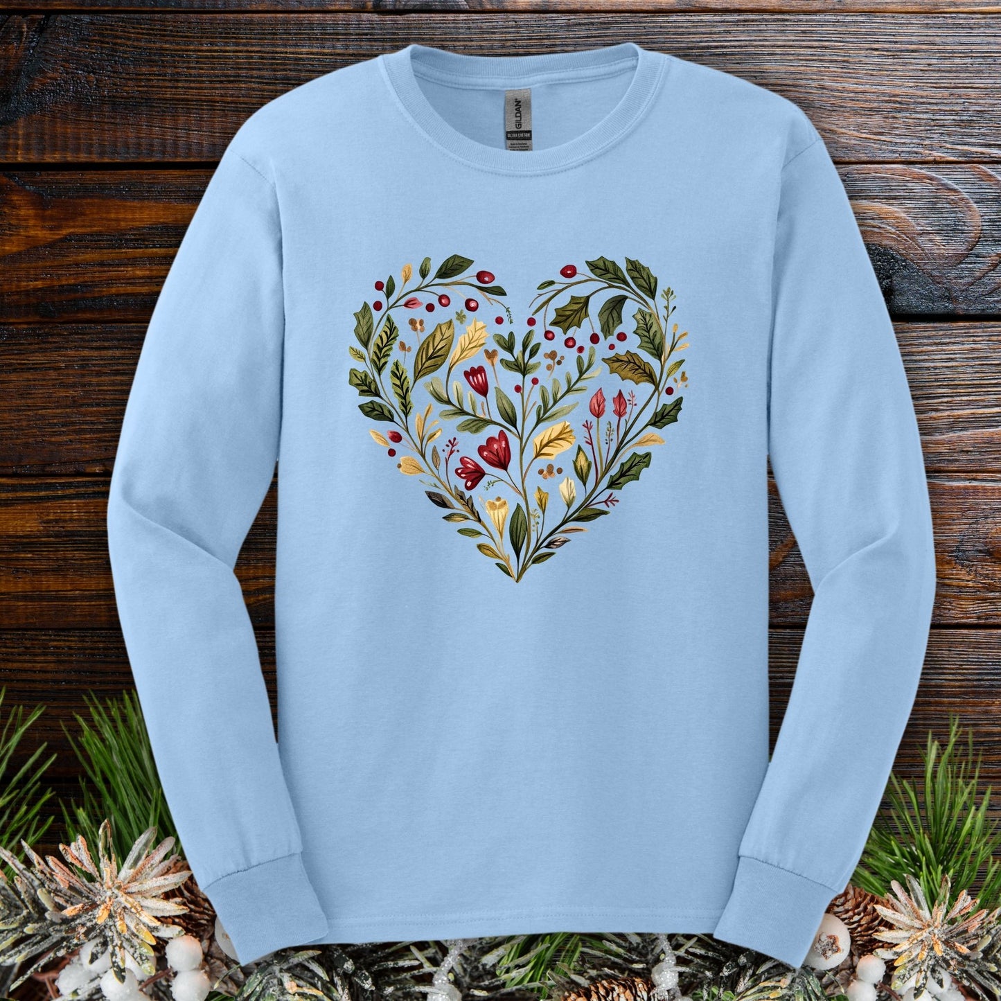 Folk Art Holly Berry and Rose Winter Heart Long Sleeve Tee