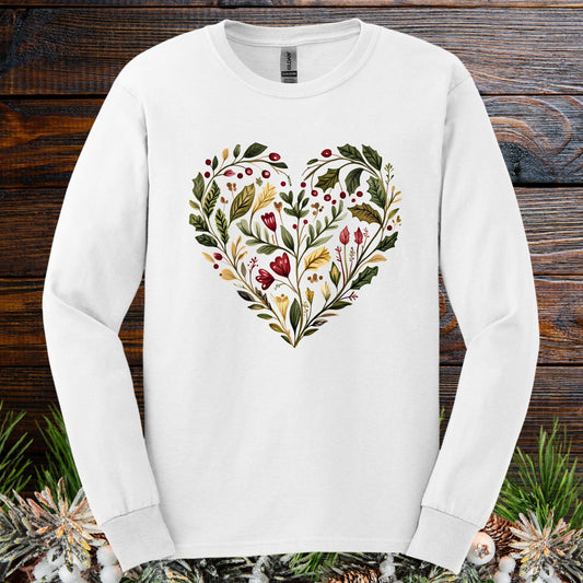 White long sleeve tee with a folk art watercolor heart of holly berries and roses.