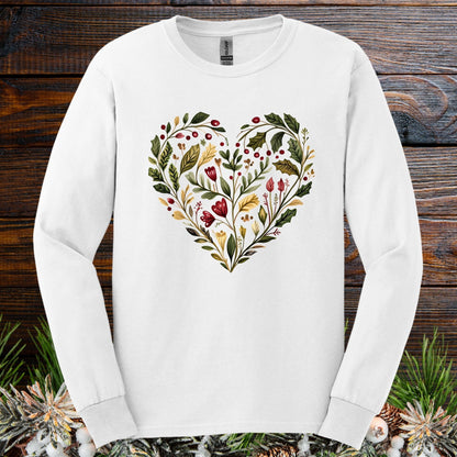 Folk Art Holly Berry and Rose Winter Heart Long Sleeve Tee