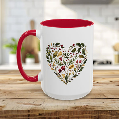 Folk Art Holly Berry and Rose Winter Heart Mug (11/15oz)