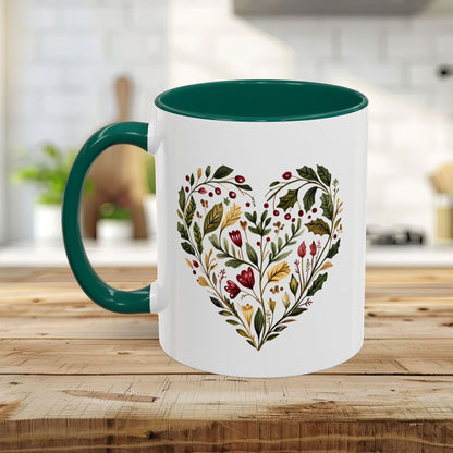 Folk Art Holly Berry and Rose Winter Heart Mug (11/15oz)