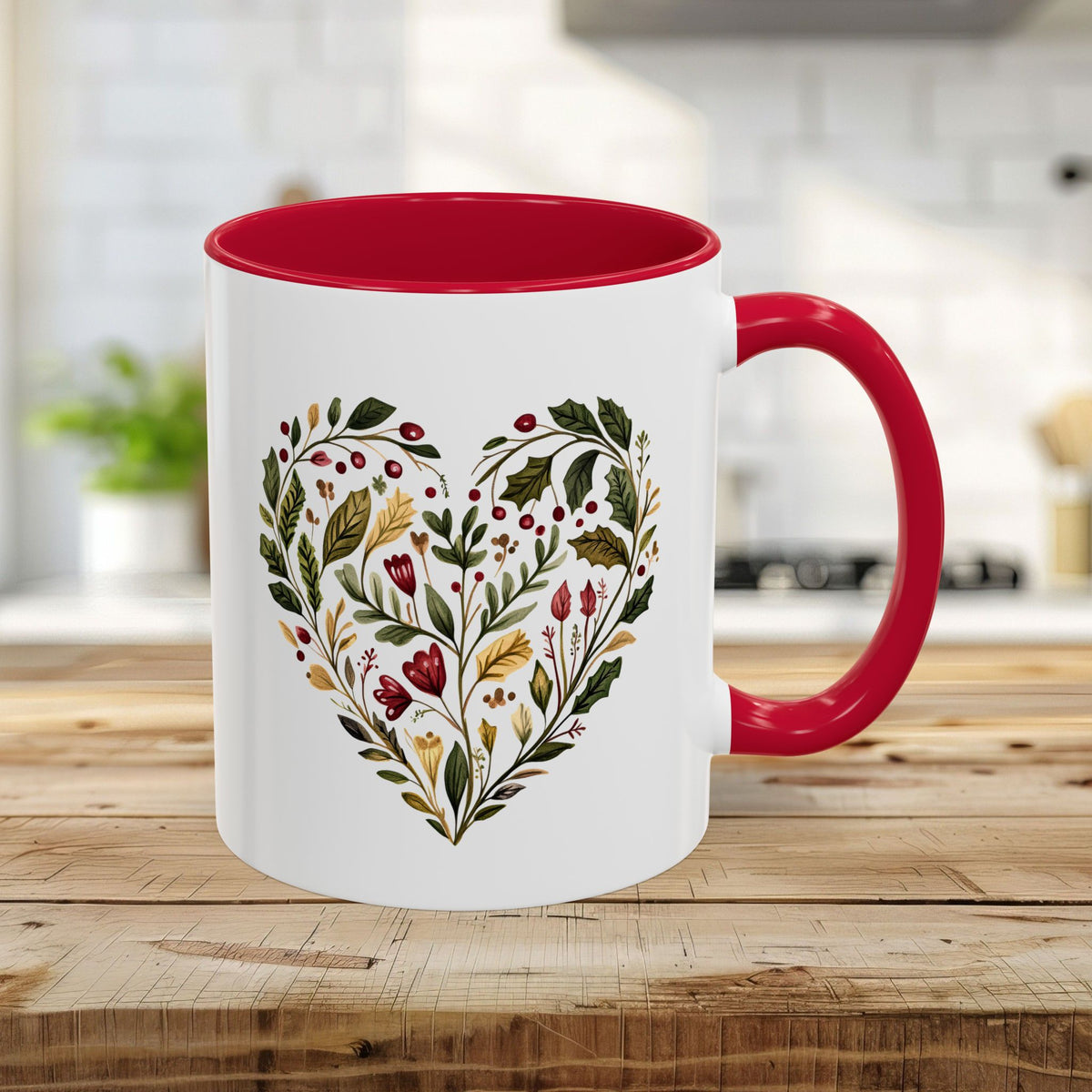 Folk Art Holly Berry and Rose Winter Heart Mug (11/15oz)
