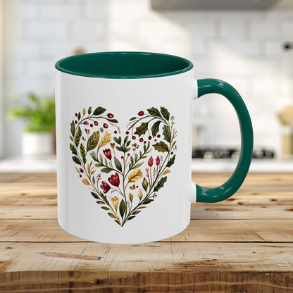 Folk Art Holly Berry and Rose Winter Heart Mug (11/15oz)