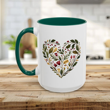Folk Art Holly Berry and Rose Winter Heart Mug (11/15oz)