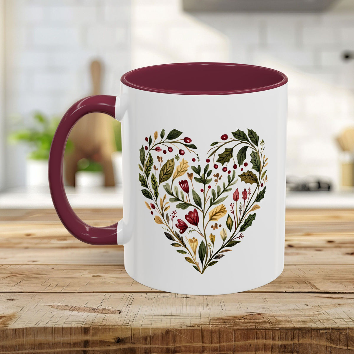 Folk Art Holly Berry and Rose Winter Heart Mug (11/15oz)