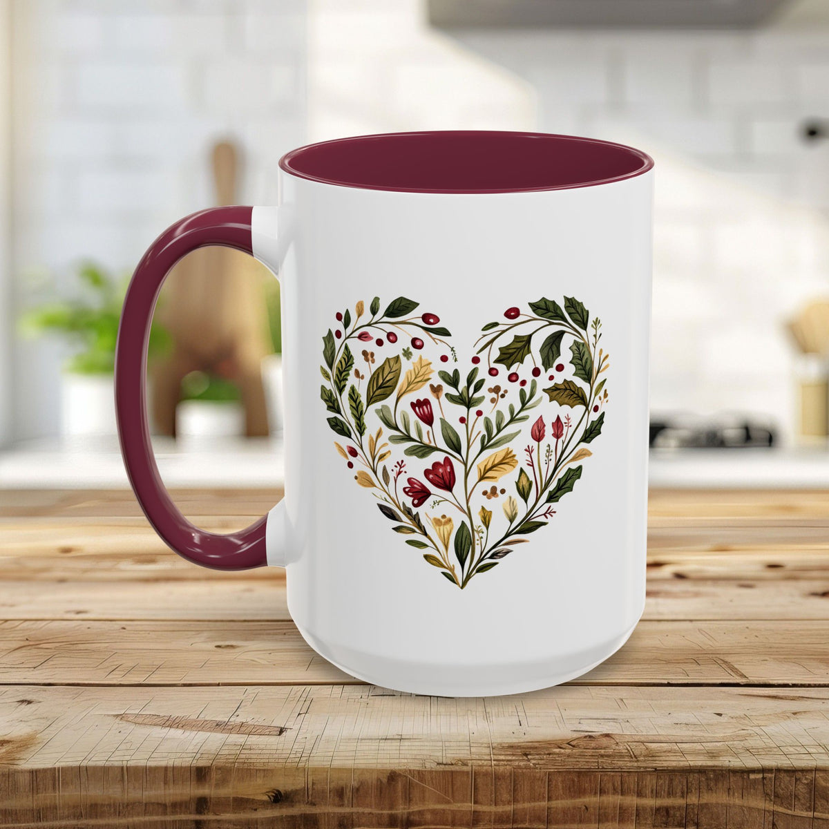 Folk Art Holly Berry and Rose Winter Heart Mug (11/15oz)