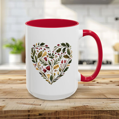Folk Art Holly Berry and Rose Winter Heart Mug (11/15oz)