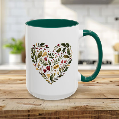 Folk Art Holly Berry and Rose Winter Heart Mug (11/15oz)