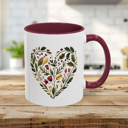 Folk Art Holly Berry and Rose Winter Heart Mug (11/15oz)