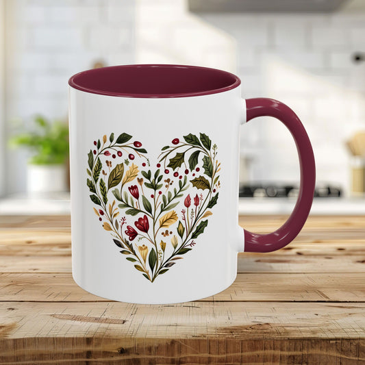 Folk Art Holly Berry and Rose Winter Heart Mug (11/15oz)
