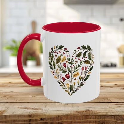 Folk Art Holly Berry and Rose Winter Heart Mug (11/15oz)