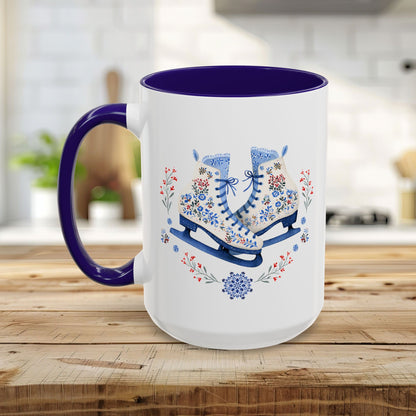 Folk Art Ice Skates Winter Mug — Colorful 11oz & 15oz Holiday Coffee Cup