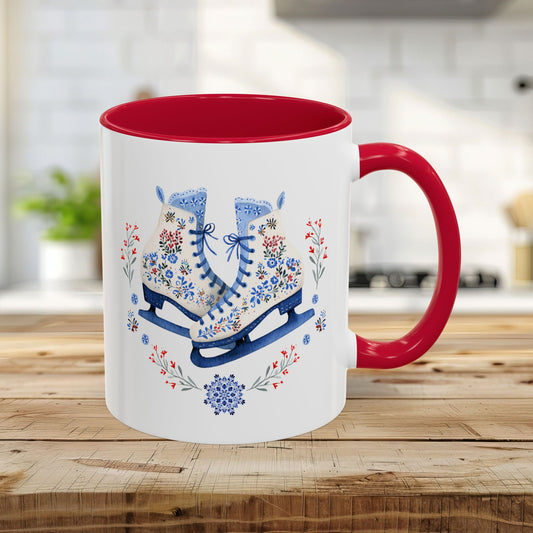 Folk Art Ice Skates Winter Mug — Colorful 11oz & 15oz Holiday Coffee Cup