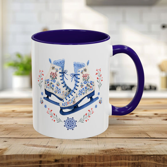 Folk Art Ice Skates Winter Mug — Colorful 11oz & 15oz Holiday Coffee Cup