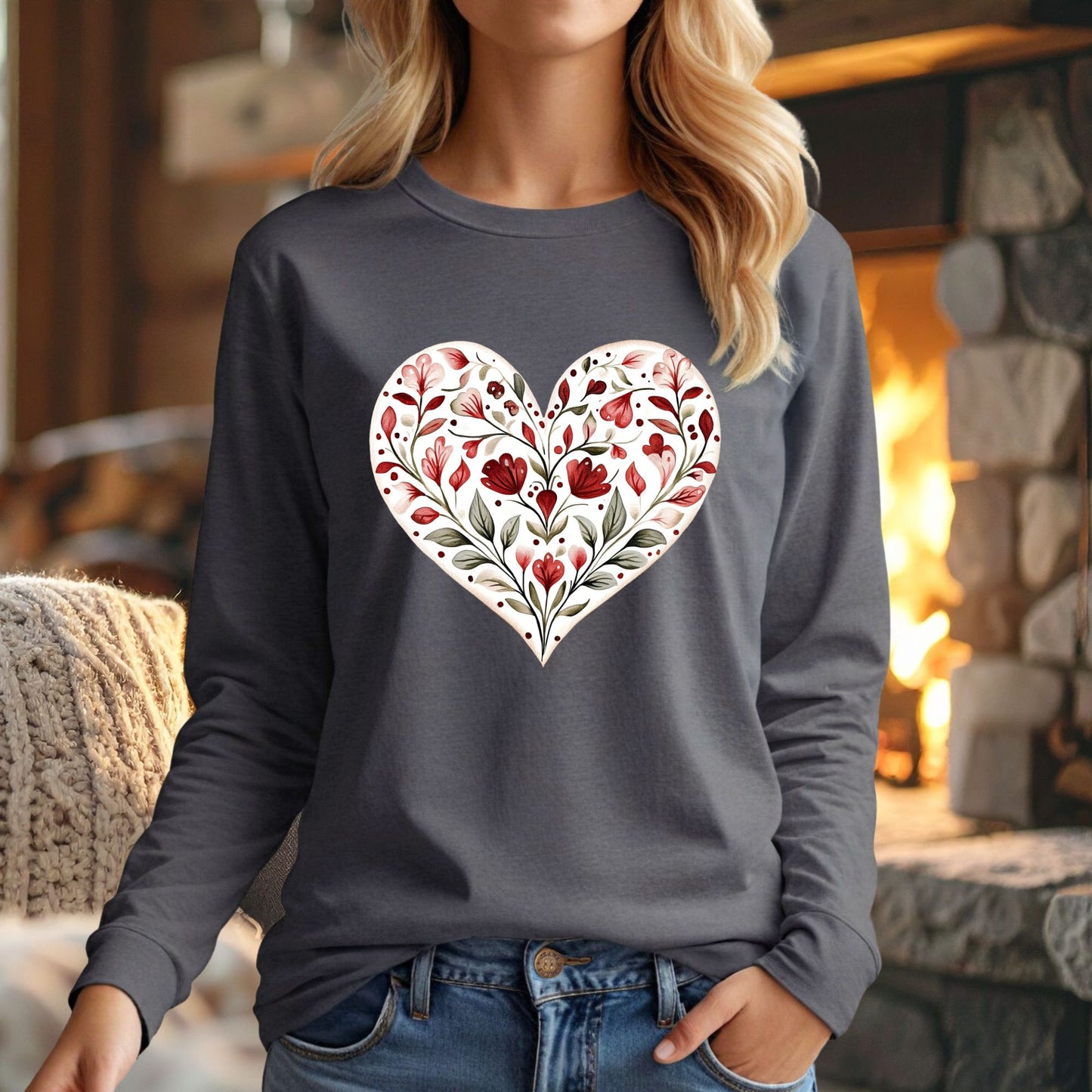 Folk Art Red Floral Valentine's Heart Long Sleeve Tee