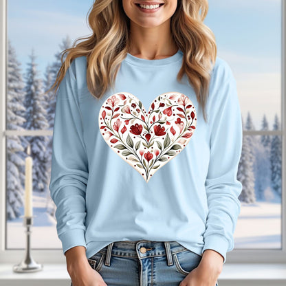 Folk Art Red Floral Valentine's Heart Long Sleeve Tee