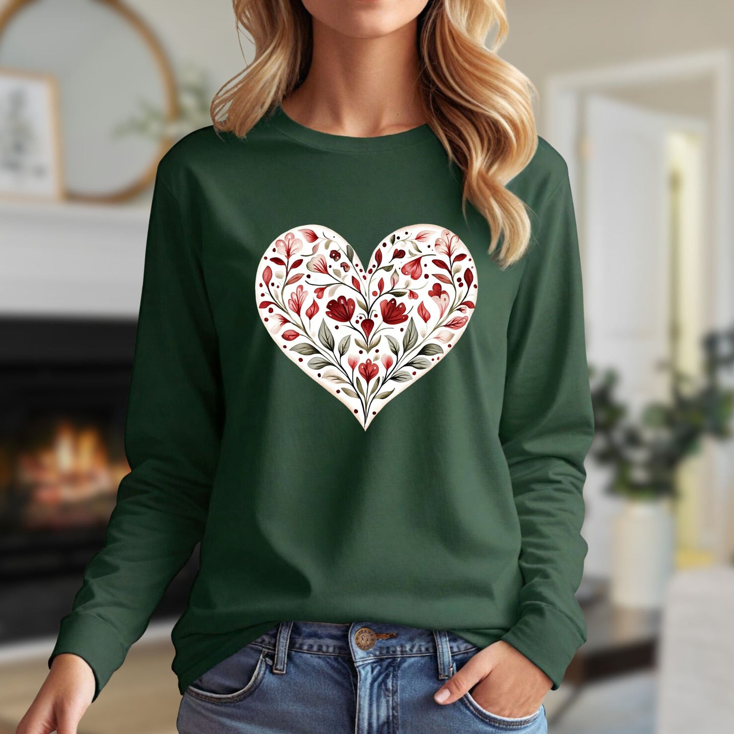 Folk Art Red Floral Valentine's Heart Long Sleeve Tee