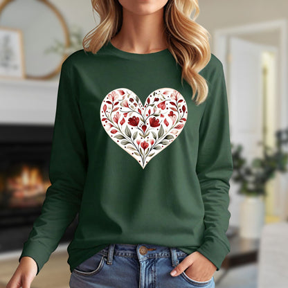 Folk Art Red Floral Valentine's Heart Long Sleeve Tee