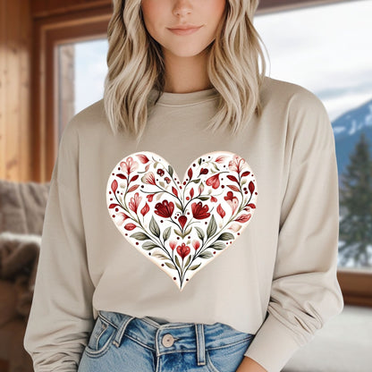 Folk Art Red Floral Valentine's Heart Long Sleeve Tee