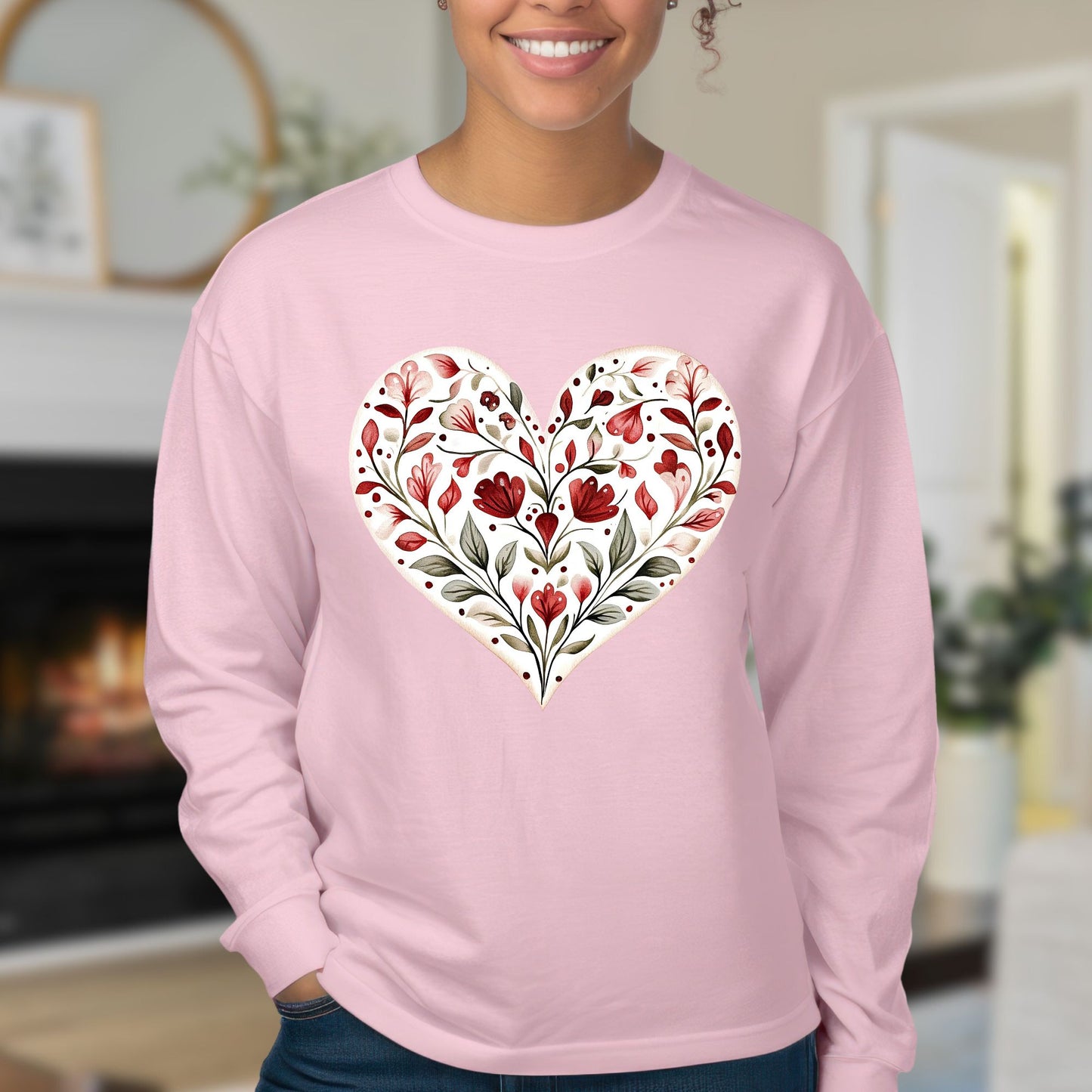 Folk Art Red Floral Valentine's Heart Long Sleeve Tee