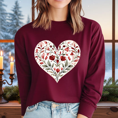 Folk Art Red Floral Valentine's Heart Long Sleeve Tee