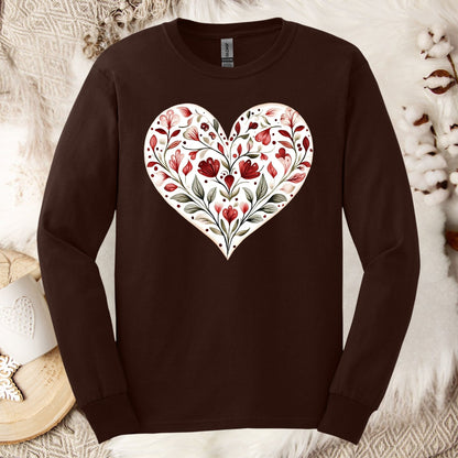 Folk Art Red Floral Valentine's Heart Long Sleeve Tee