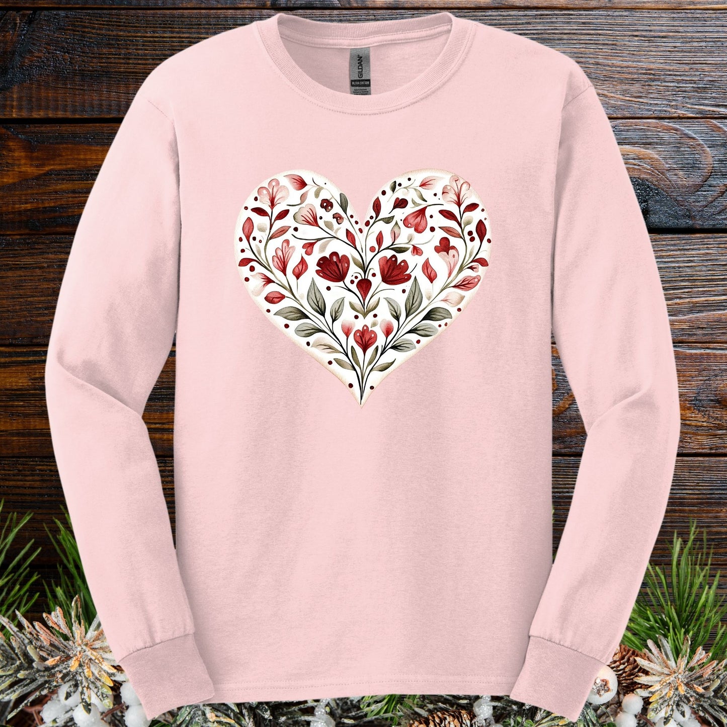 Folk Art Red Floral Valentine's Heart Long Sleeve Tee