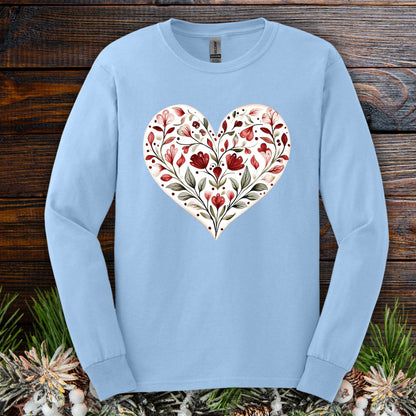 Folk Art Red Floral Valentine's Heart Long Sleeve Tee