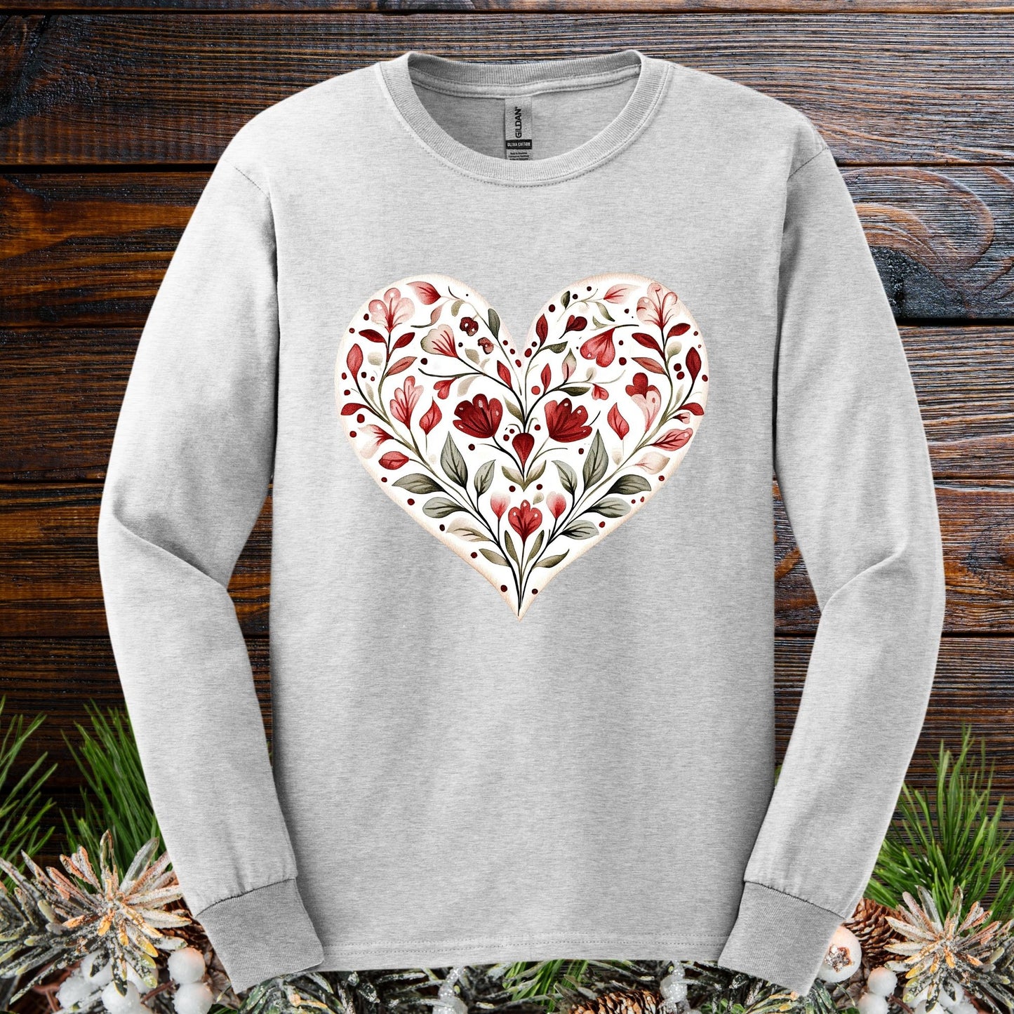 Folk Art Red Floral Valentine's Heart Long Sleeve Tee