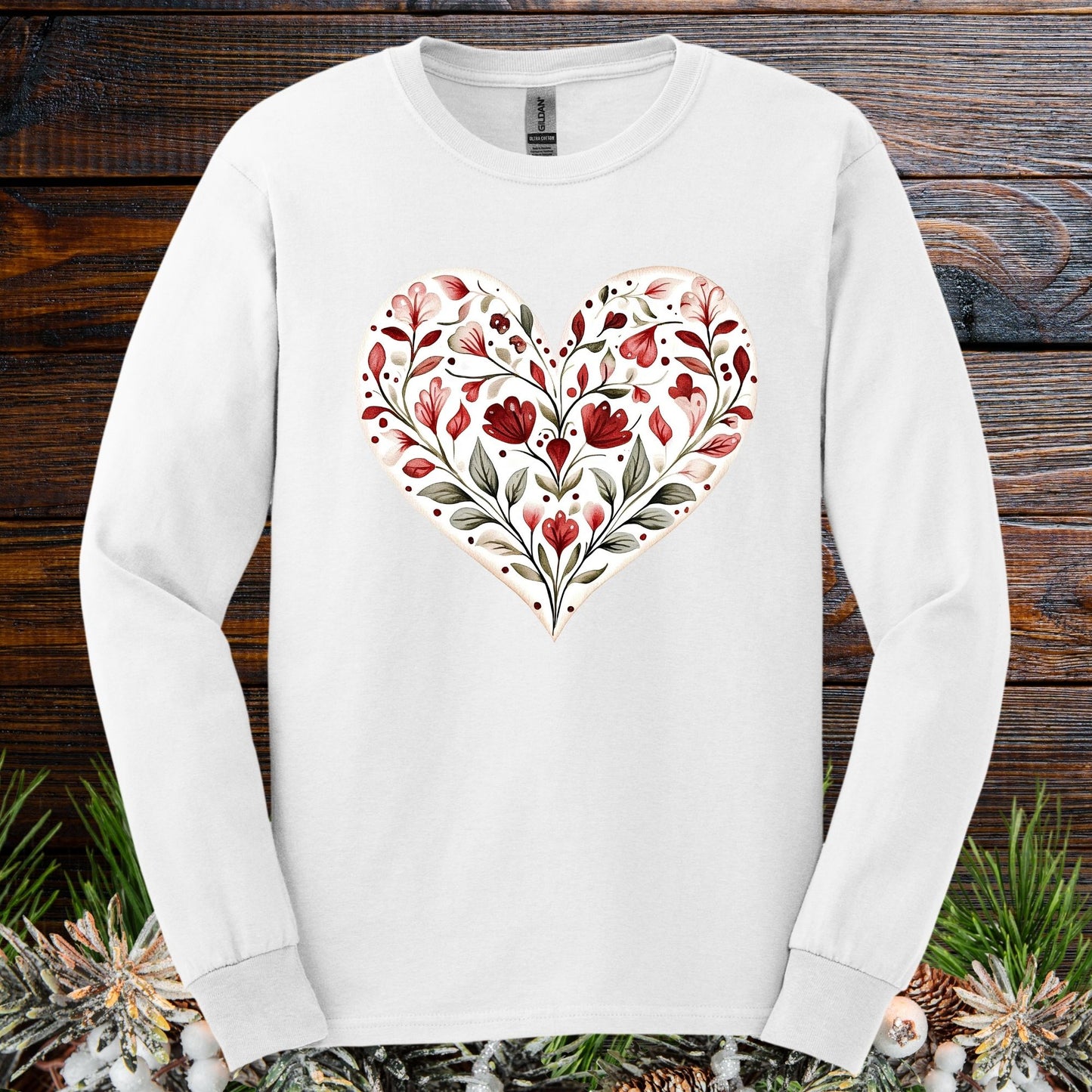 Folk Art Red Floral Valentine's Heart Long Sleeve Tee