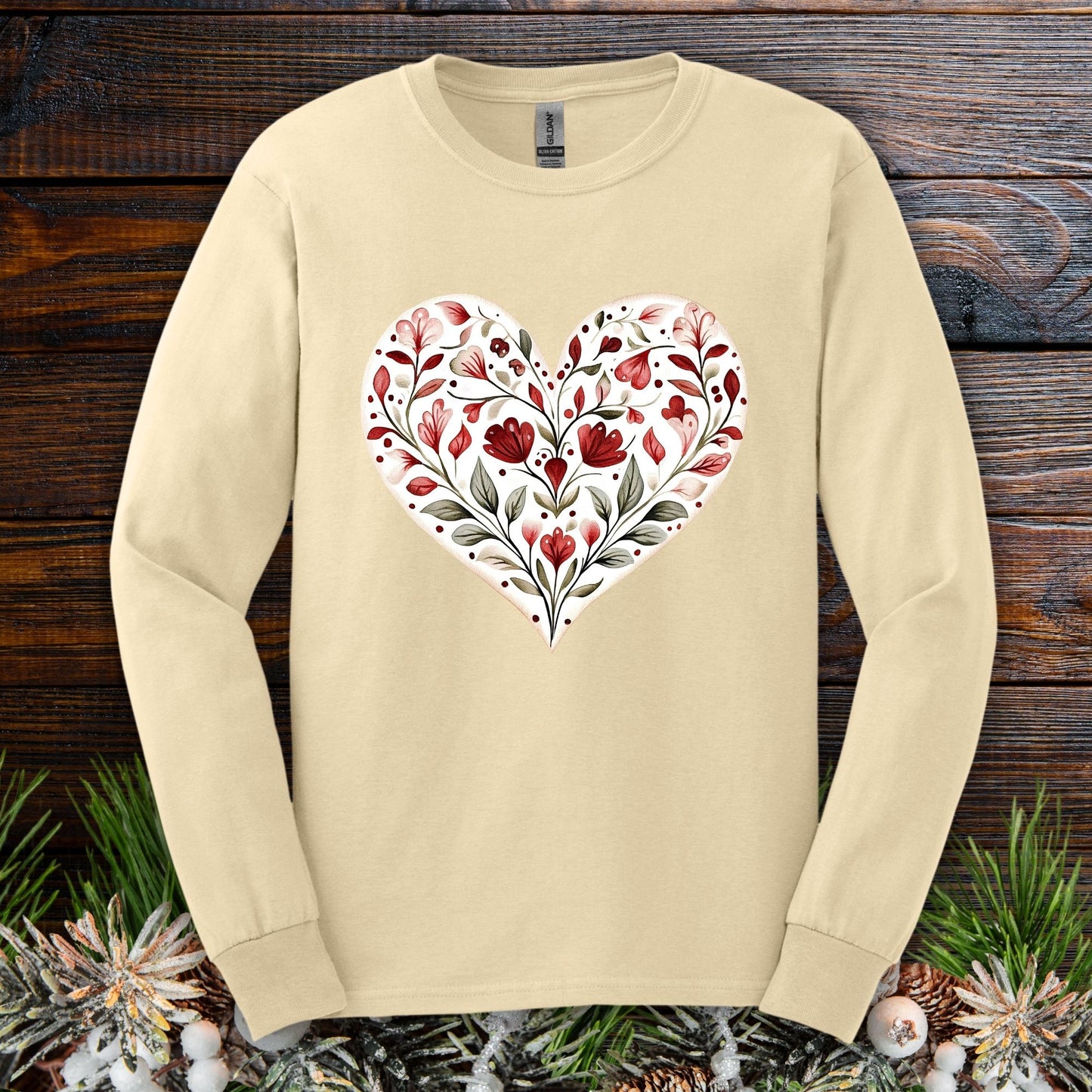 Folk Art Red Floral Valentine's Heart Long Sleeve Tee