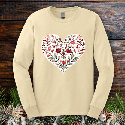 Folk Art Red Floral Valentine's Heart Long Sleeve Tee
