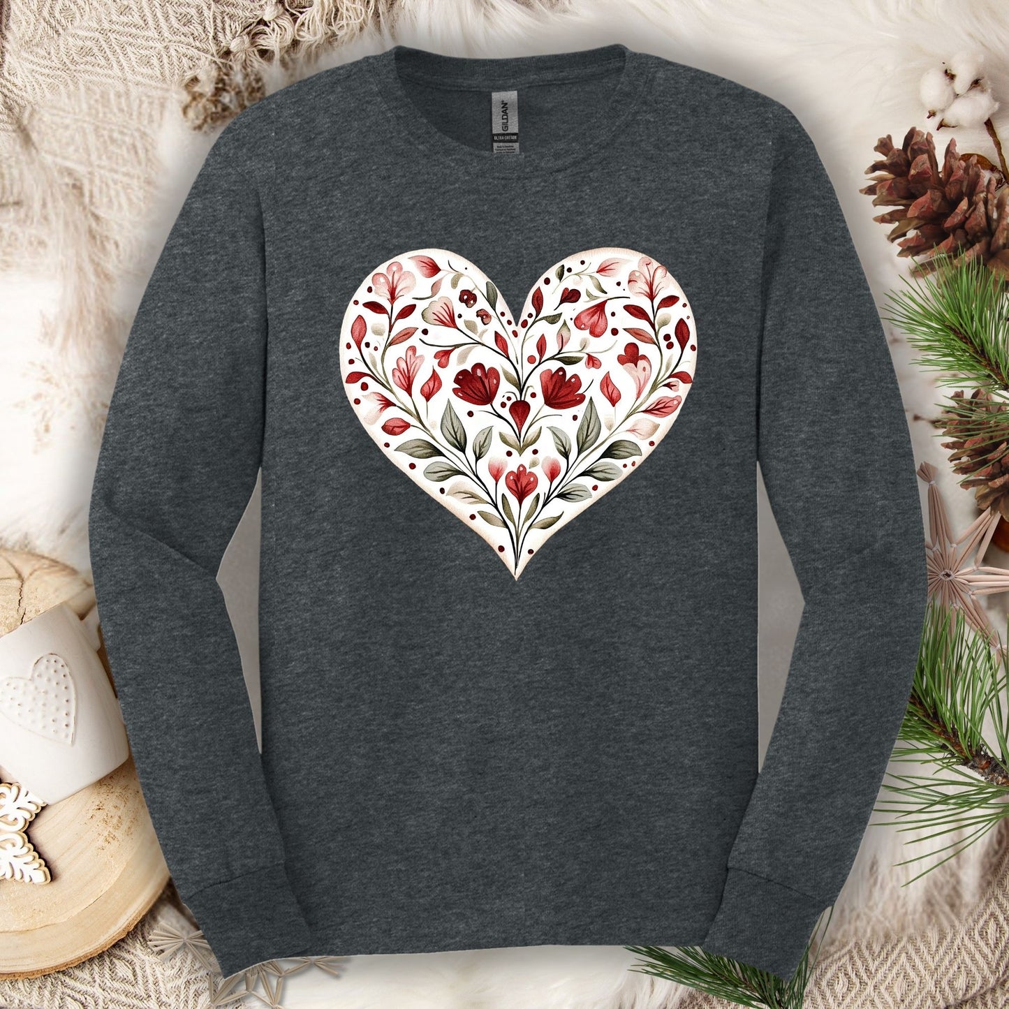 Folk Art Red Floral Valentine's Heart Long Sleeve Tee