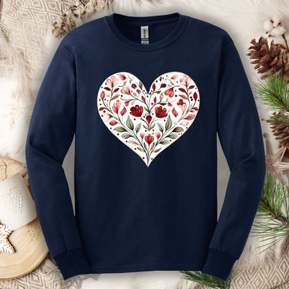 Folk Art Red Floral Valentine's Heart Long Sleeve Tee
