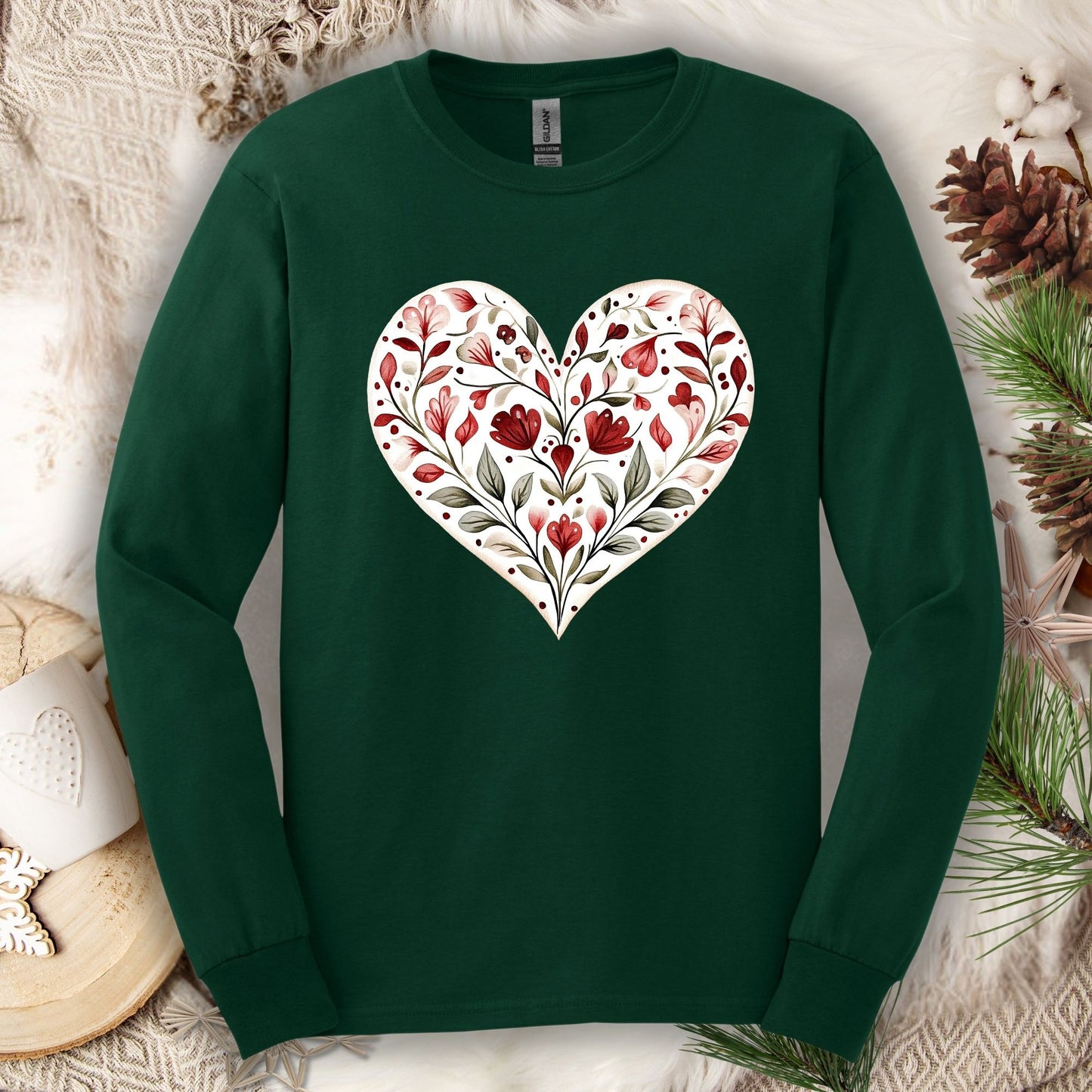 Folk Art Red Floral Valentine's Heart Long Sleeve Tee