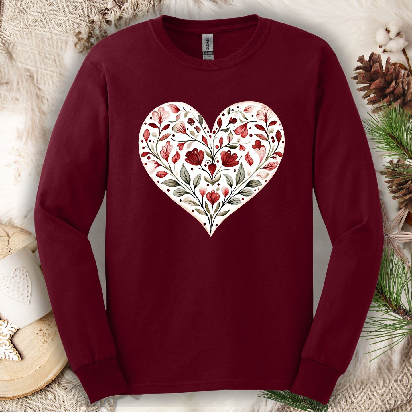 Folk Art Red Floral Valentine's Heart Long Sleeve Tee
