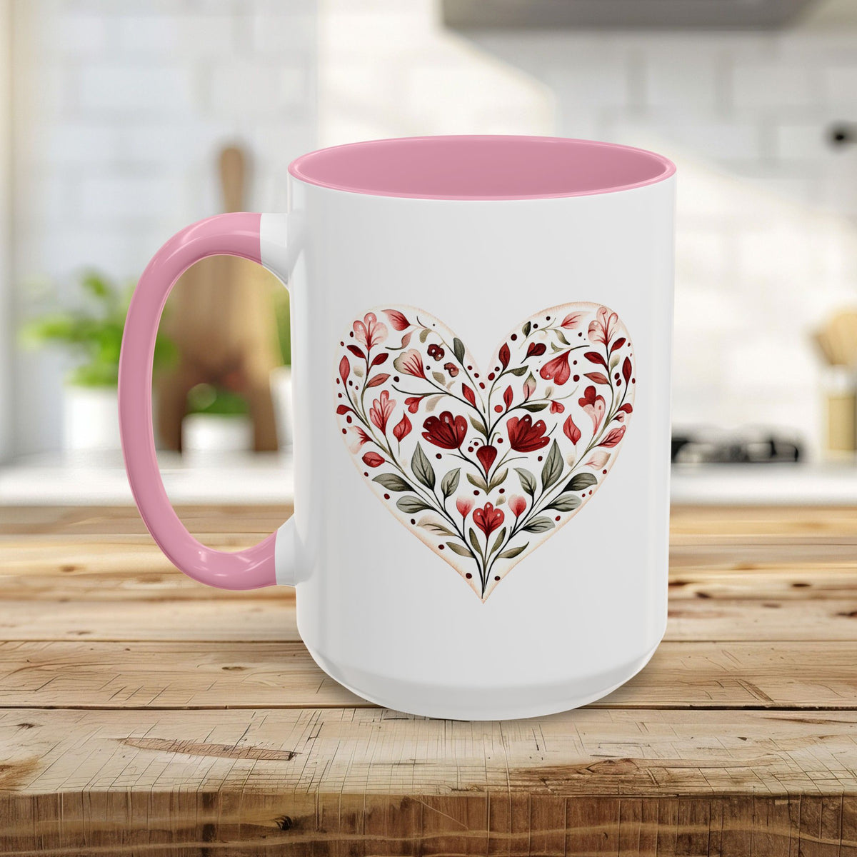Folk Art Red Floral Valentine's Heart Mug (11/15oz)