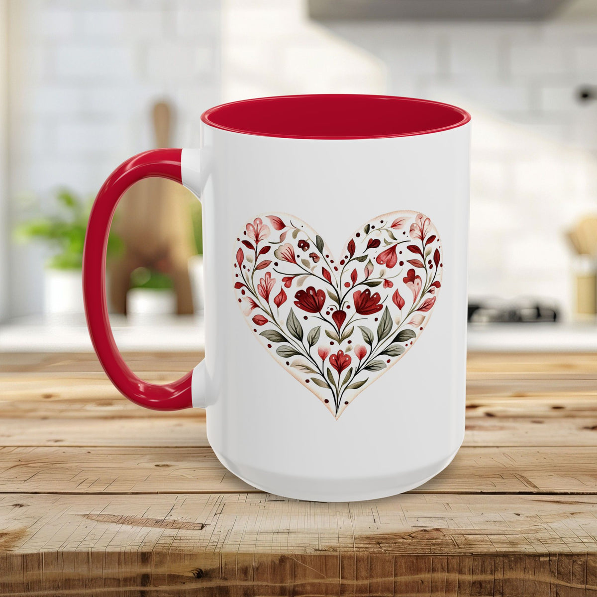 Folk Art Red Floral Valentine's Heart Mug (11/15oz)