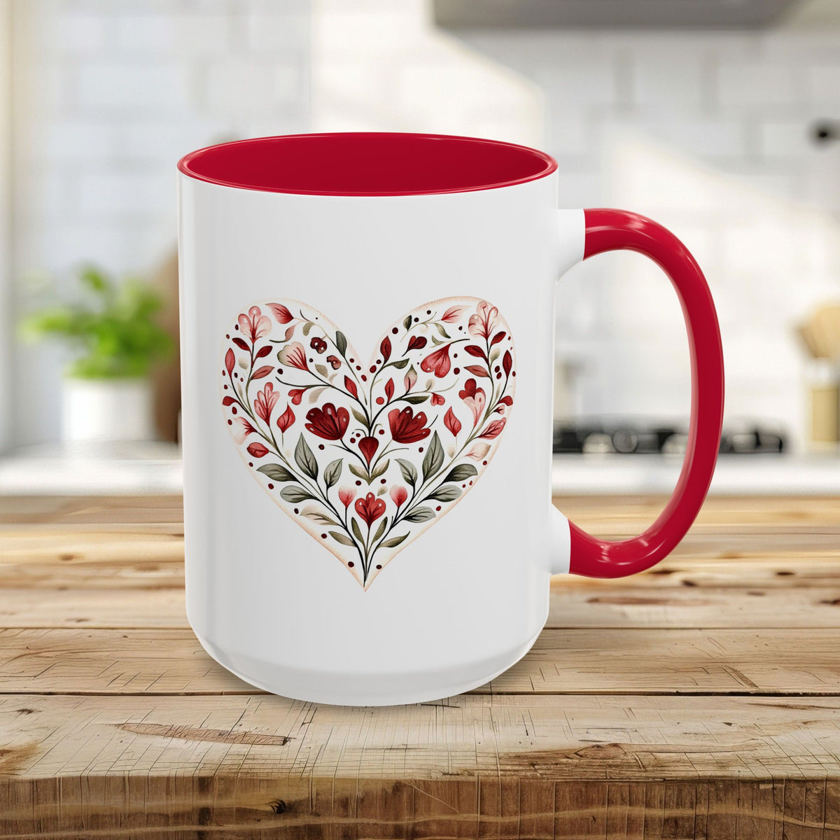 Folk Art Red Floral Valentine's Heart Mug (11/15oz)