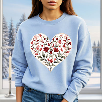 Light blue heavy blend sweatshirt with a folk art red floral heart design.