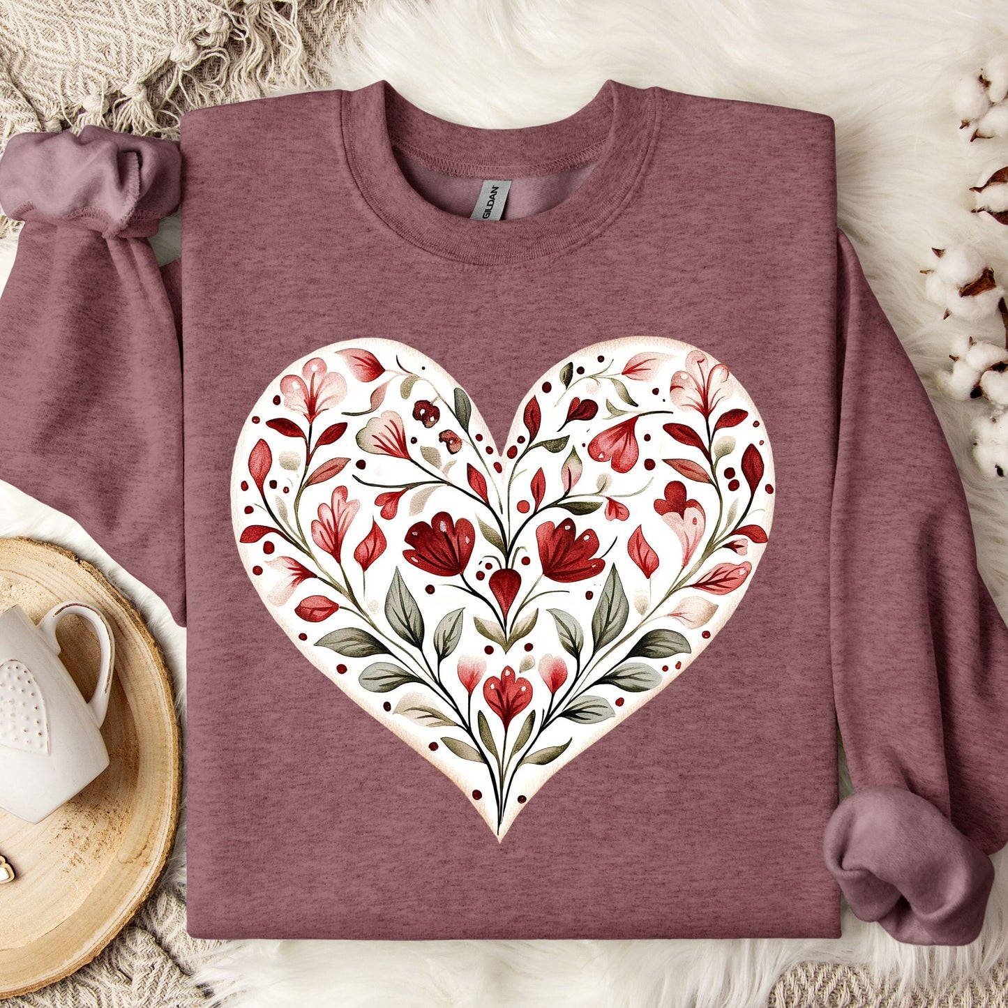 Heather Sport Dark Maroon S sweatshirt with a white heart filled with red floral folk art.