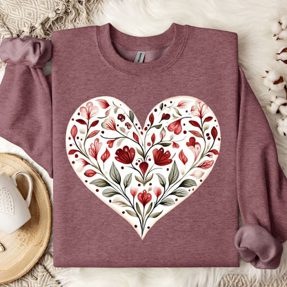 Heather Sport Dark Maroon S sweatshirt with a white heart filled with red floral folk art.