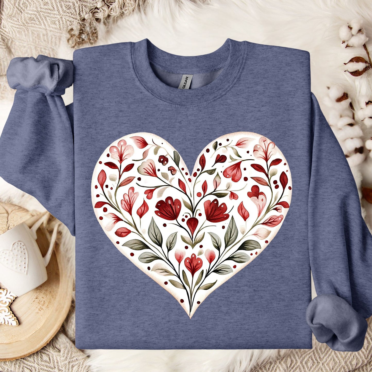 Heather Sport Dark Navy S sweatshirt with a large folk art red floral heart design.