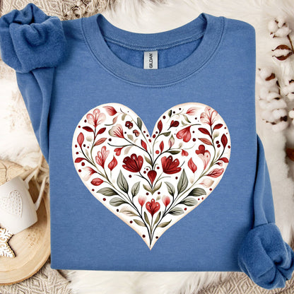 Indigo Blue S sweatshirt with a white heart filled with red floral folk art design.