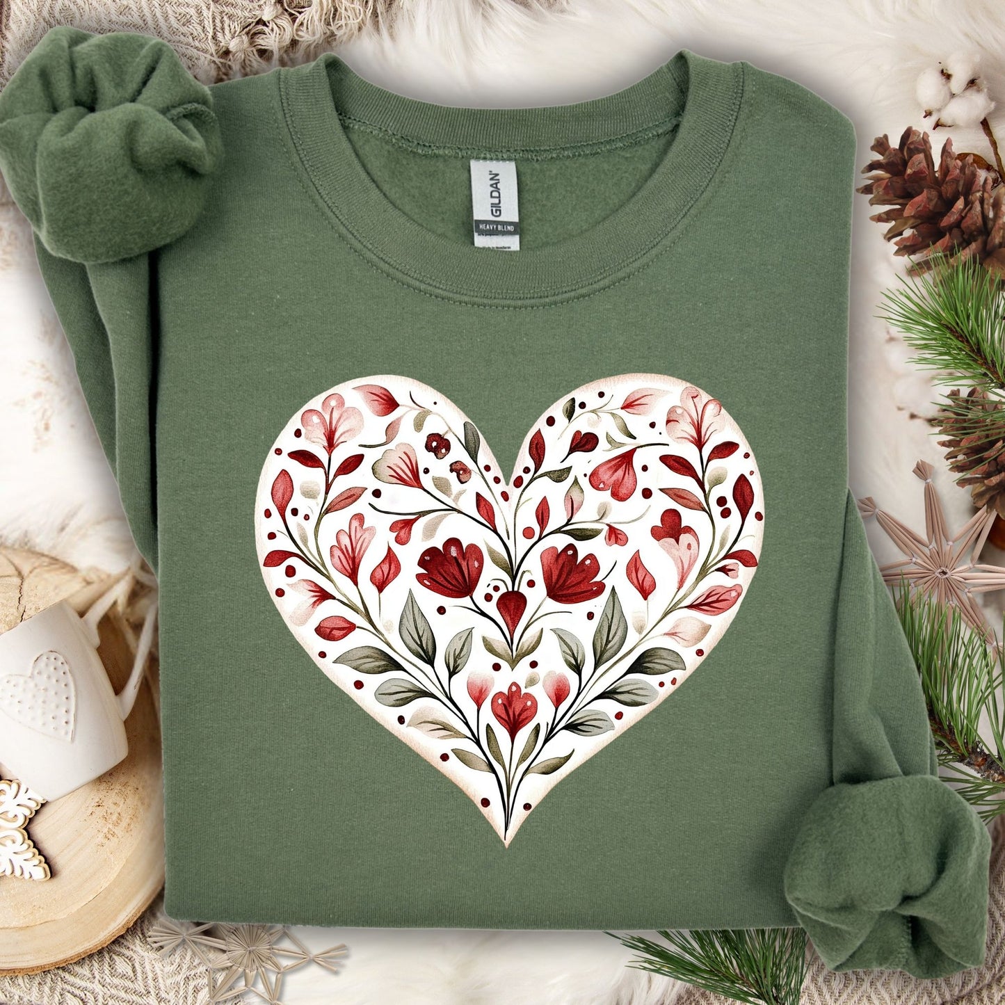 Military Green Folk Art Red Floral Valentine's Heart Sweatshirt, soft cotton-poly blend, classic fit.