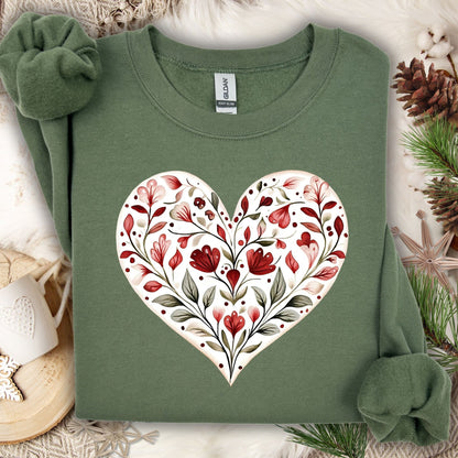 Military Green Folk Art Red Floral Valentine's Heart Sweatshirt, soft cotton-poly blend, classic fit.