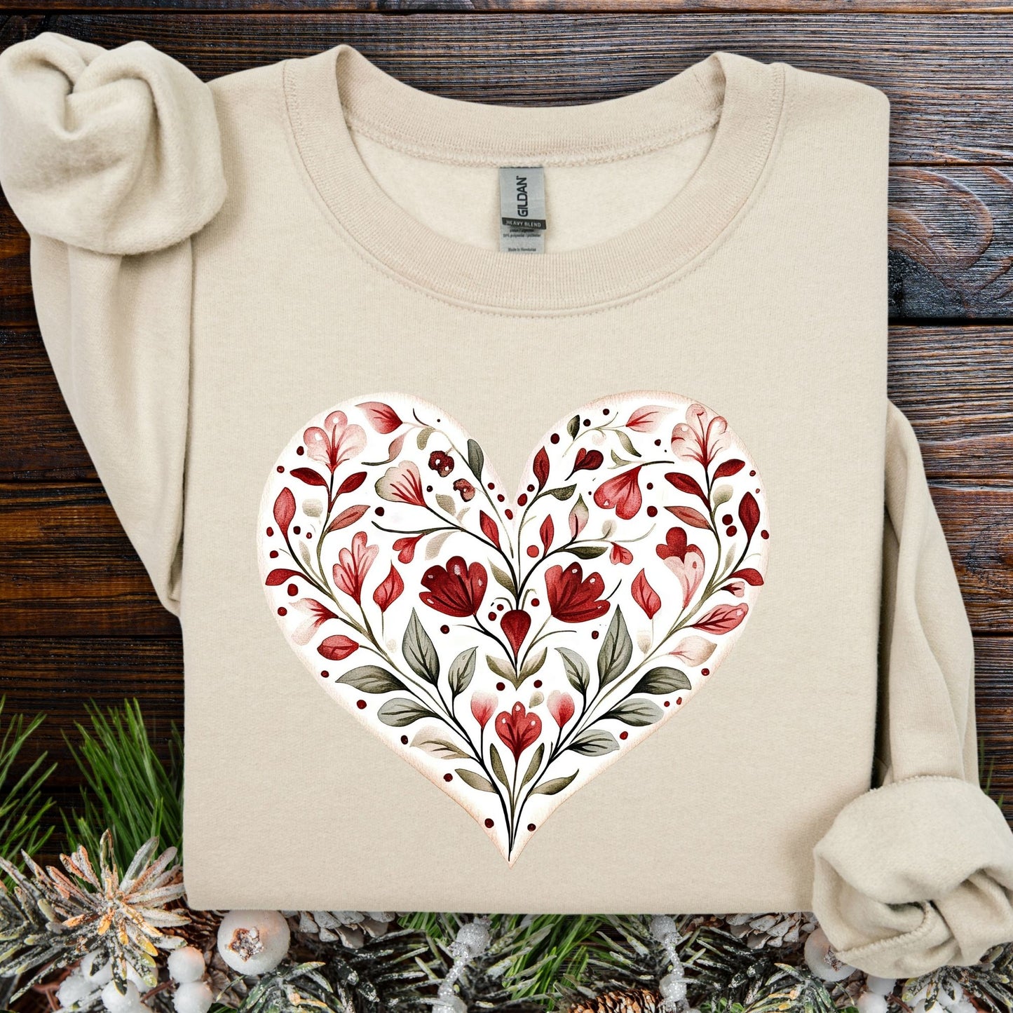 Sand S Folk Art Red Floral Valentine's Heart Sweatshirt, 50% cotton/50% polyester, classic fit.